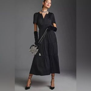 Anthropologie Somerset Satin Maxi Dress Silky Flowy Black Tiers Plus Size M NEW